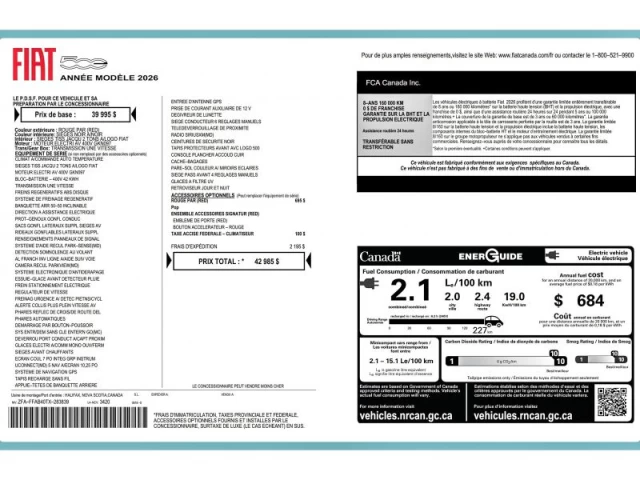 Fiat 500E Pop FWD EV TOUT RABAIS INCLUS (PAVE + ROULEZ VERT) 2026