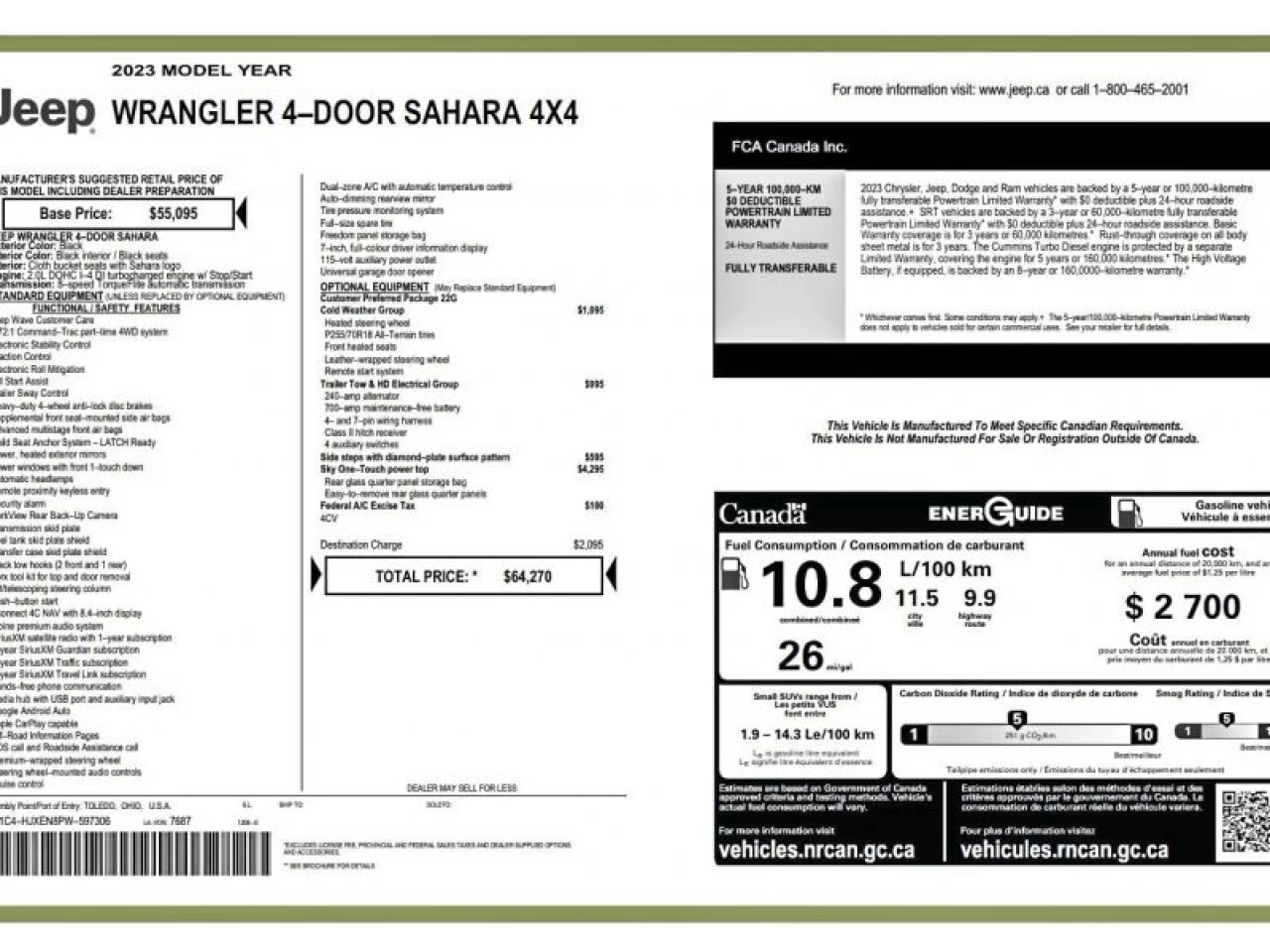 2023 Jeep Wrangler Sahara GROUPE REMORQUAGE TOIT SKY ONE-TOUCH Image principale