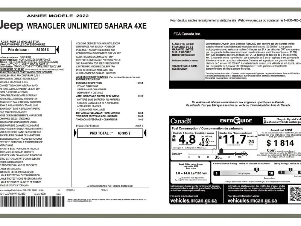 2022 Jeep Wrangler 4XE Sahara 4X4 GROUPE TEMPS FROID ATTELAGE REMORQU Main Image