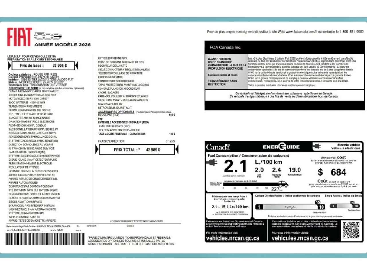 2026 Fiat 500E Pop FWD EV TOUT RABAIS INCLUS (PAVE + ROULEZ VERT) Image principale