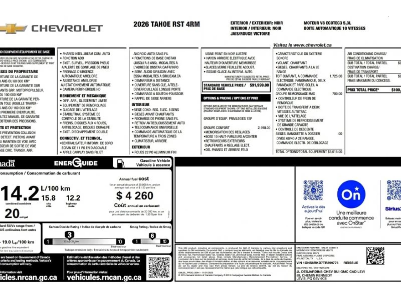 2026 Chevrolet Tahoe RST TOIT PANO GROUPE CONFORT GROUPE REMORQUAGE MAX Image principale